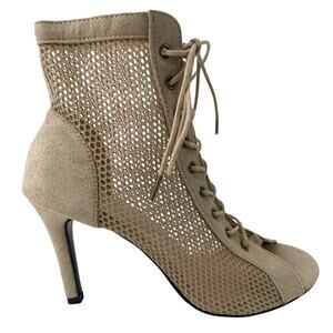 Womens Lace Up Peep Toe Hollow Out Sexy High Heel Ankle Boot Tan Mesh S 8.5 41